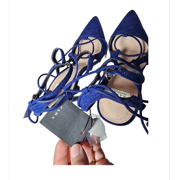 Zara‎ Navy Blue Suede Heels Eith Straps 38 - Picture 3 of 7